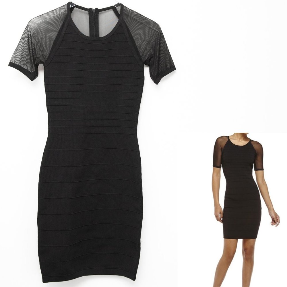 John + Jenn Dress Mini Bodycon Short Mesh Sleeve Stretch Size Small Black New